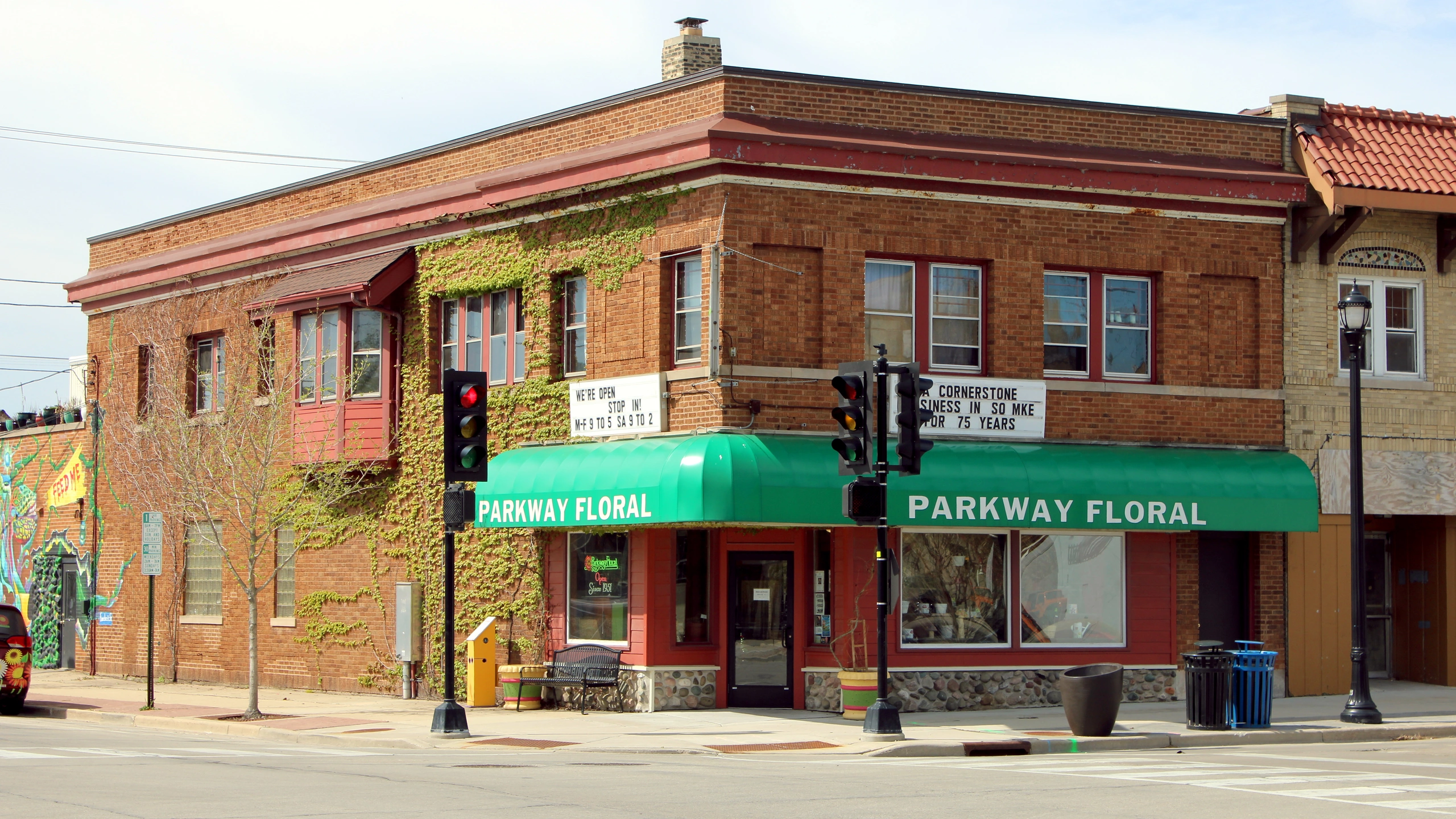 Historic brick storefront in South Milwaukee, Wisconsin
